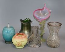 A Loetz style vase, a Jack in the pulpit vase and four others Loetz style vase 16cm