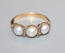 A 19th century yellow metal, split pearl and rose cut diamond chip half hoop ring (one stone