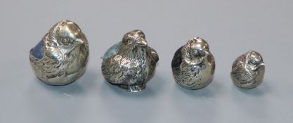 Four assorted novelty silver pin cushions modelled as hatching chicks, by Sampson Mordan & Co,