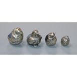 Four assorted novelty silver pin cushions modelled as hatching chicks, by Sampson Mordan & Co,