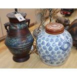 A Chinese enamelled bronze vase and a blue and white vase