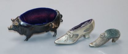 Two Edwardian novelty silver pin cushions, each modelled as a shoe, Adie & Lovekin Ltd,