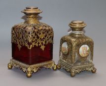 Two 19th century French gilt metal mounted glass scent bottles tallest 13cm