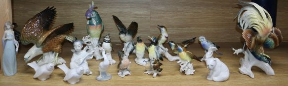 A group of Lladro and Continental porcelain birds