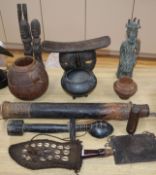 A West African Benin style bronze and other ethnographical carvings, tools and weapons