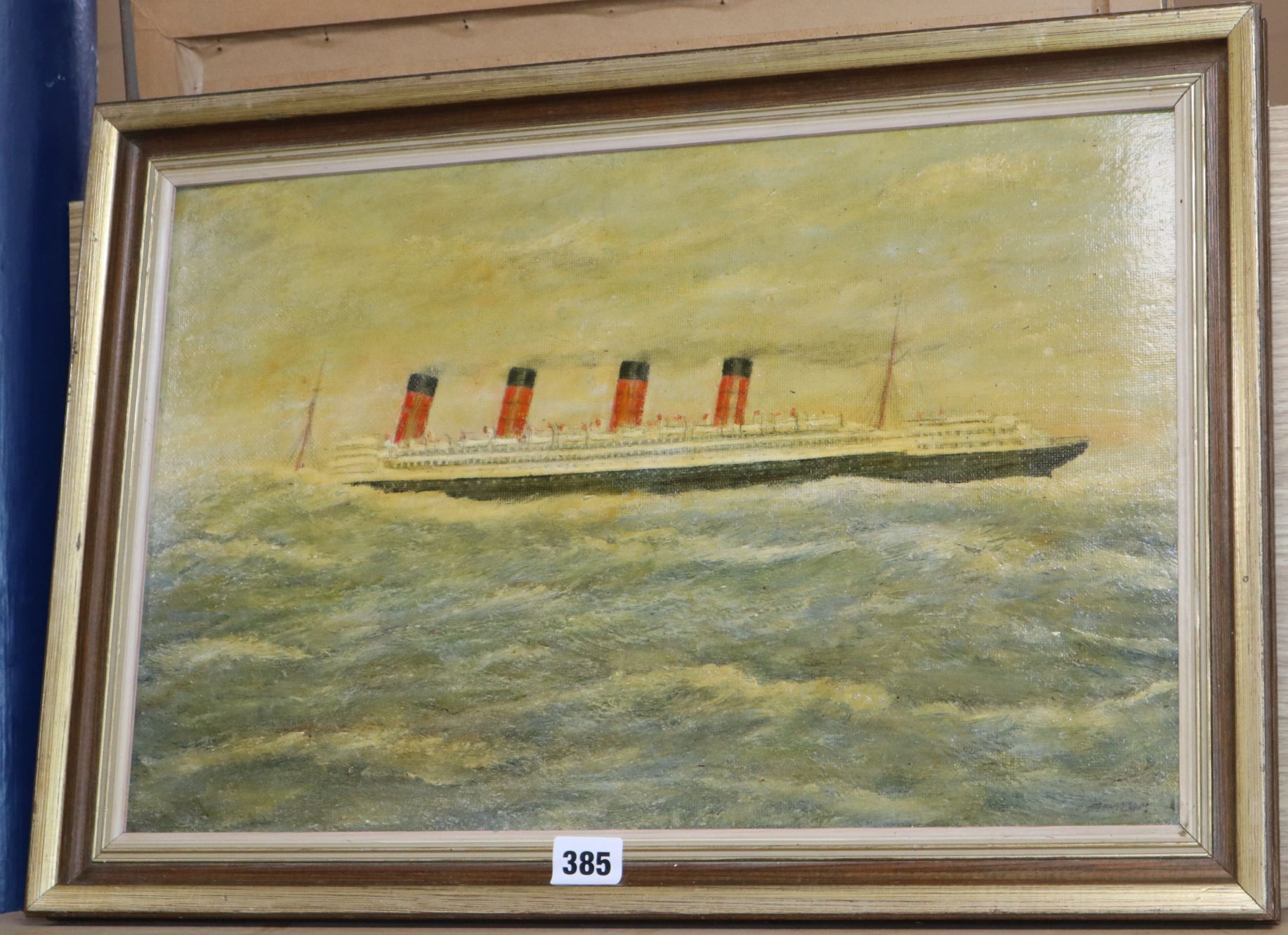 English School, oil on board, Liner in heavy seas, indistinctly signed, 30 x 47cm