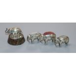 Three Edwardian novelty silver elephant pin cushions, Birmingham, 1905/6 and a miniature silver