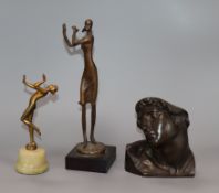 An Art Deco abstract bronze signed Kimb and a classical bronze bust tallest 28cm