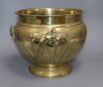 A Chinese bronze jardiniere, cast with Birds of Paradise and reeds height 24cm