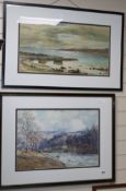 Miss Maud Parker, watercolour, The Grey Mare, Riverscape, signed, label verso, 37 x 55cm and two