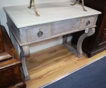 A pair of 19th century Empire style painted console tables with faux marble tops W.99cm