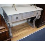 A pair of 19th century Empire style painted console tables with faux marble tops W.99cm