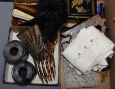 An Art Deco French decorative comb, two others, a novelty bag compact, two fans and two silver