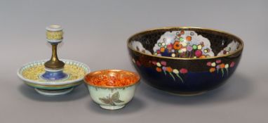 A Doulton Lambeth chamberstick, a Wedgwood butterfly lustre bowl and a Crown Devon bowl