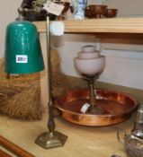 A green glass and brass desk lamp, another lamp and a copper bowl