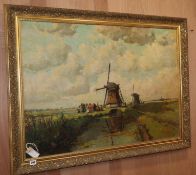 Willem Horselenberg (1881-1961), oil on canvas, Dutch landscape with two windmills, signed, 69 x