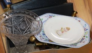 A pair of brass candlesticks, a pestle and mortar and sundries