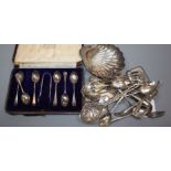 A cased set of Harrods silver coffee spoons, London, 1916 and other small silverware etc,