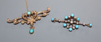 Two Edwardian 15ct and gem set bar brooches, diamond and turquoise and diamond and seed pearl, 47mm,