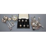 A set of four modern silver dishes, a small group of assorted silver flatware including a caddy