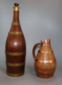 A French staved oak bottle marked Grand Lafitte and a staved oak jug bottle 40cm