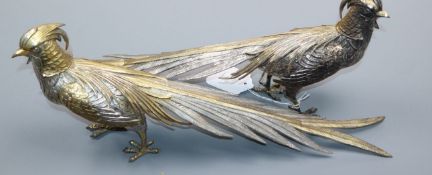 A pair of 20th century Spanish parcel gilt 925 sterling freestanding model pheasants, length 37.5cm,