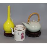 A Chinese famille rose teapot, a yellow glazed bottle vase, and a celadon glazed teapot vase 17cm