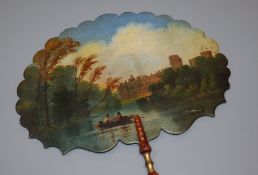 A Victorian papier mache hand screen, Warwick Castle length 40cm