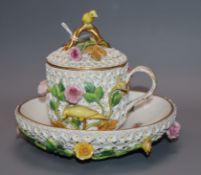 A Meissen floral encrusted cup, cover and saucer height 11cm