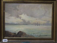 Francois Guého (1881-1952) oil on panel, Fishing boats off the coast, signed, 23 x 32cm