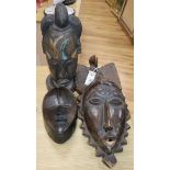 Two tribal carved masks and an African carved wood mask