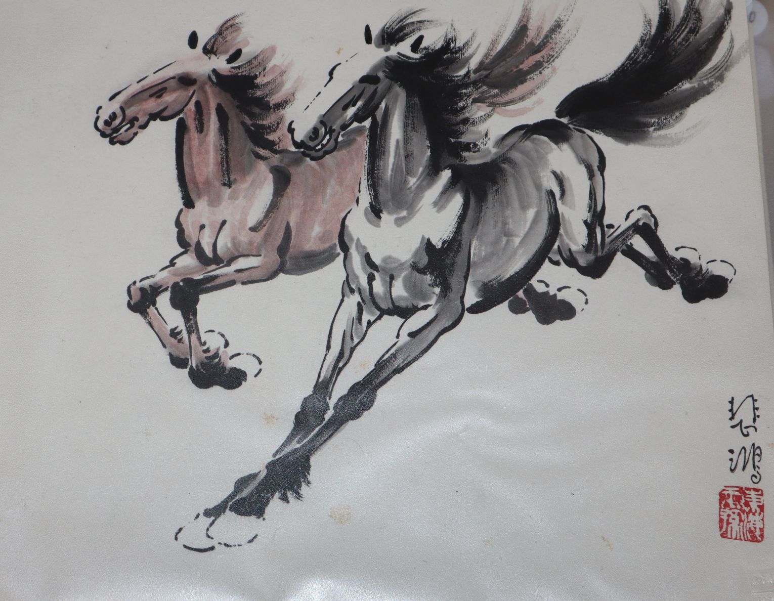 Follower of Xa Beihong, four ink/watercolour studies of horses and sundry pictures, largest 27 x