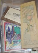 A group of assorted Chinese/Asian artworks including two scrolls and a fan leaf