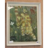 Sue Lampitt, watercolour on green paper, Cat crouching amongst flowers, signed and dated '67, 44 x
