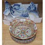 A Chinese famille rose basket and stand and a blue and white bowl, both a.f.