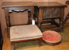 An oak joint stool, a box topped oak joint stool and two other stools