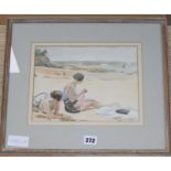 Ronald Gray (1868-1951), watercolour and pencil, Two girls sitting on a beach, signed, 19 x 26cm