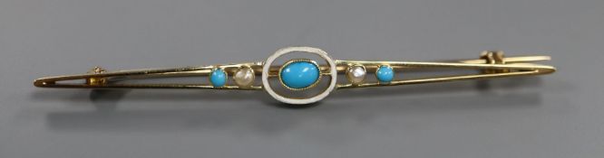 A cased early 20th century Murrle Bennett & Co 15ct, turquoise, seed pearl and enamel bar brooch,