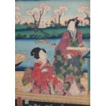 Japanese School, woodblock print, Geisha beside a river, 34 x 24cm and three other similar prints,