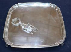 A George V square silver salver, Sheffield, 1928 and a plated bread fork, salver 31.5cm, 31 oz.