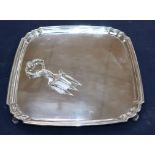 A George V square silver salver, Sheffield, 1928 and a plated bread fork, salver 31.5cm, 31 oz.