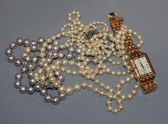 Mixed jewellery, enamelled pendant, simulated pearl necklaces, Klaus Kobec ladys watch etc