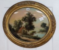 A Victorian reverse painted glass panel with angler in a landscape, 36 x 44cm
