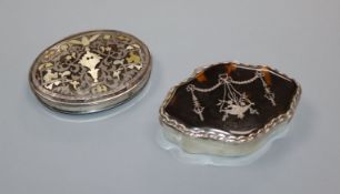 A George V silver and tortoiseshell pique trinket box by William Comyns and a white metal, mother of