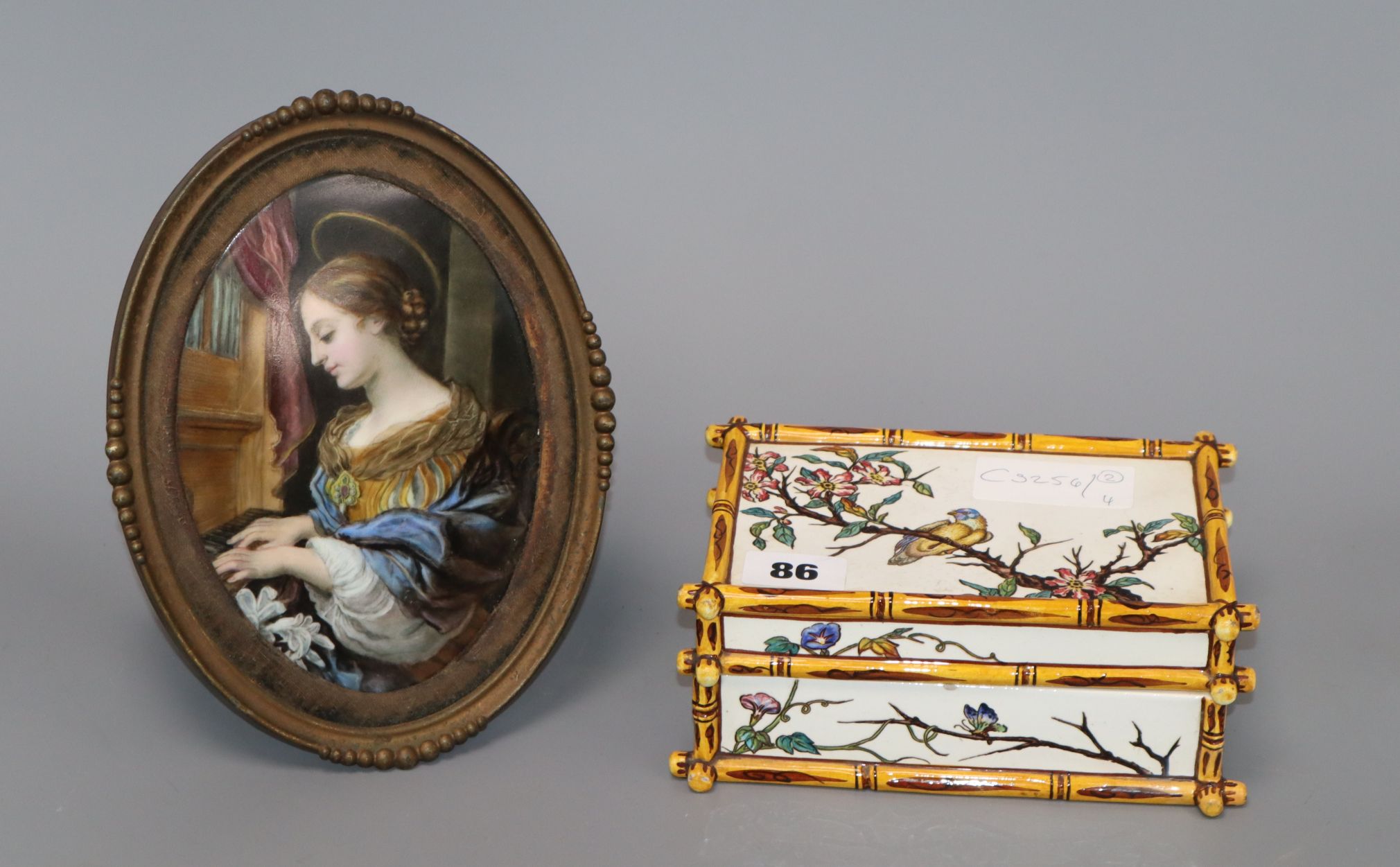 A French oval framed figural plaque and a French faux bamboo box plaque height 21cm incl. frame