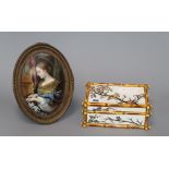 A French oval framed figural plaque and a French faux bamboo box plaque height 21cm incl. frame