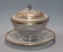 A late 19th century French 950 white metal lidded glass bowl, on mounted stand, stand 18.5cm.