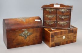 A Victorian tea caddy, a jewellery casket and a miniature spice chest