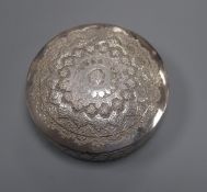 A Persian engraved white metal lidded box, 78mm 110 grams