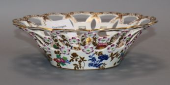 A Worcester blue and white printed and polychrome painted cake basket (a.f.)
